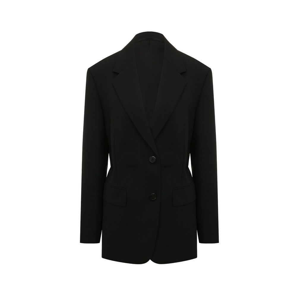 Prada black wool blazer with tailored fit, notched lapel, and button closure, displayed on a hanger.