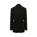 Prada black wool blazer with tailored fit, notched lapel, and button closure, displayed on a hanger.