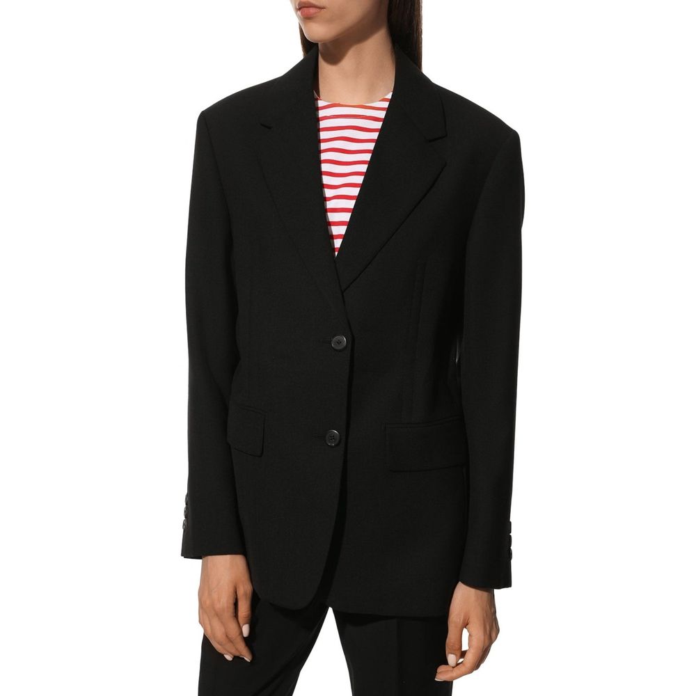 Prada black wool blazer with tailored fit and notch lapel, displayed on a hanger. Stylish and classic men's or women's blazer.