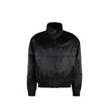 Saint Laurent black silk bomber jacket displayed on a hanger, showcasing its sleek design and smooth fabric texture.