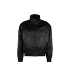 Saint Laurent black silk bomber jacket displayed on a hanger, showcasing its sleek design and smooth fabric texture.