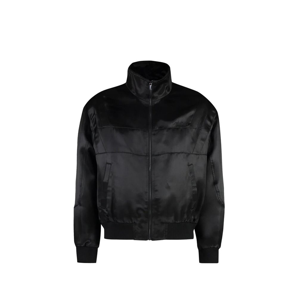 Saint Laurent black silk bomber jacket displayed on a hanger, showcasing its sleek design and smooth fabric texture.