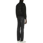 Saint Laurent black silk bomber jacket with a sleek, shiny finish and modern design, displayed on a plain background.