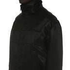 Saint Laurent black silk bomber jacket with a sleek, smooth finish and classic fit, shown on a model.