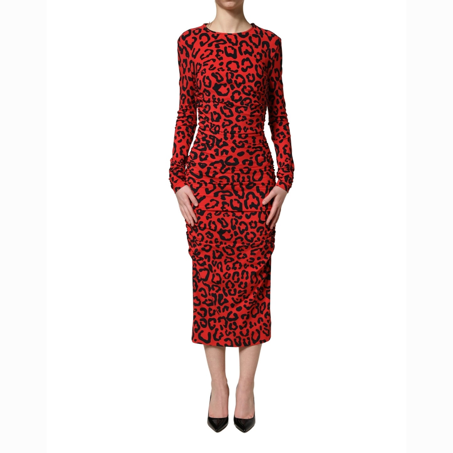 Dolce & Gabbana Red Leopard Print Long Sleeves Midi Dress