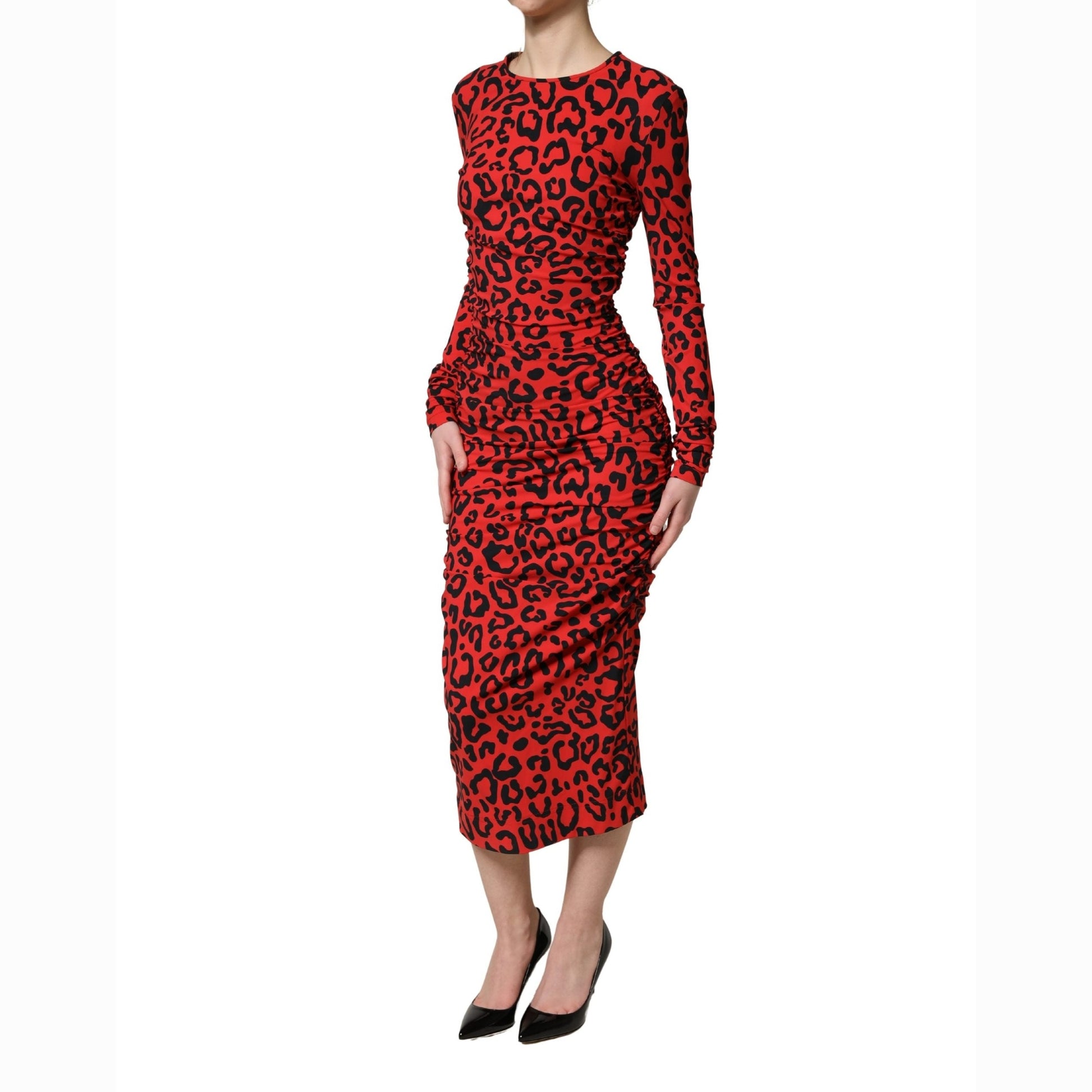 Dolce & Gabbana Red Leopard Print Long Sleeves Midi Dress