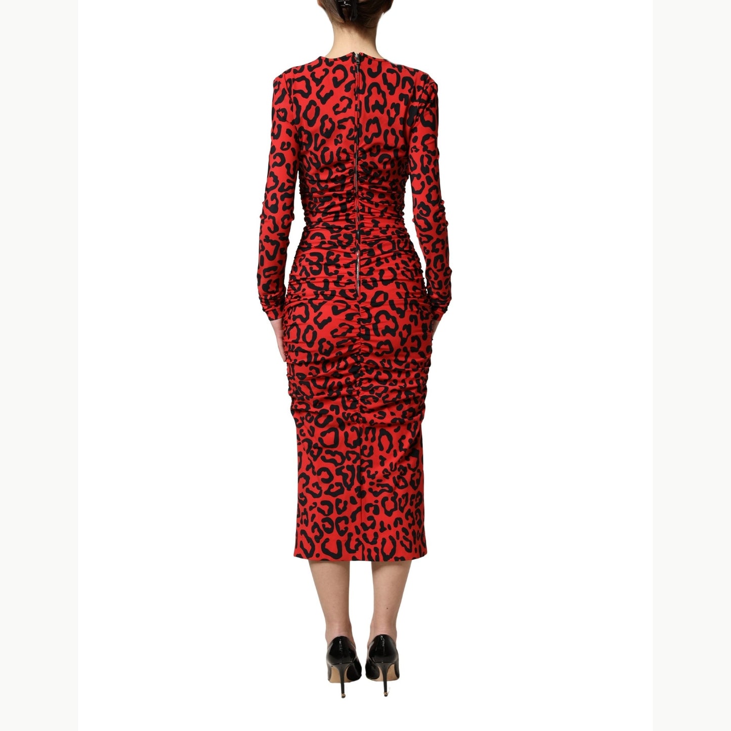 Dolce & Gabbana Red Leopard Print Long Sleeves Midi Dress