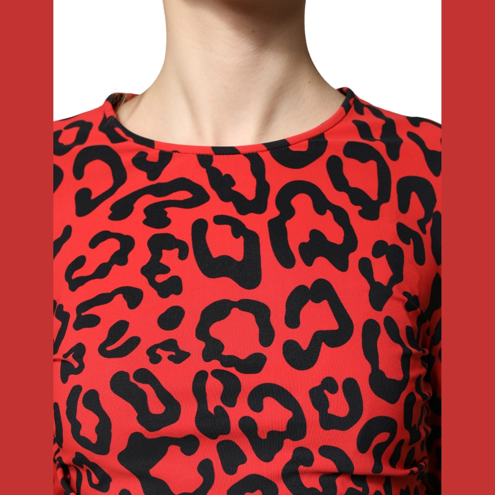 Dolce & Gabbana Red Leopard Print Long Sleeves Midi Dress