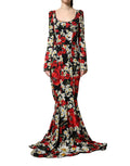 Dolce & Gabbana Black Floral Silk Long Sleeves Gown Dress - Eljoys Fashion 