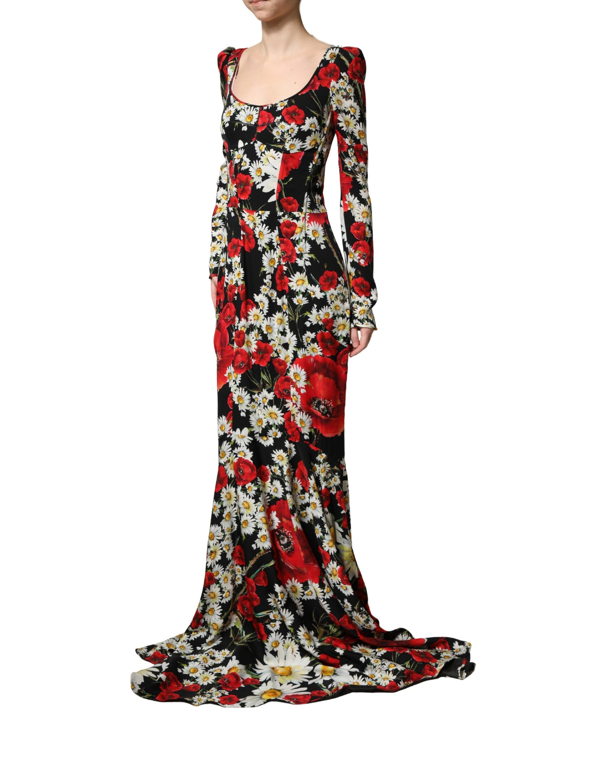 Dolce & Gabbana Black Floral Silk Long Sleeves Gown Dress - Eljoys Fashion 