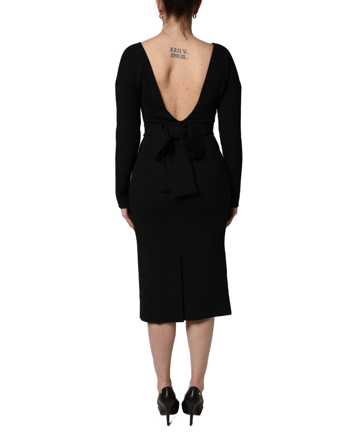 Dolce & Gabbana Black Wool Crepe Long Sleeves Midi Dress - Eljoys Fashion 