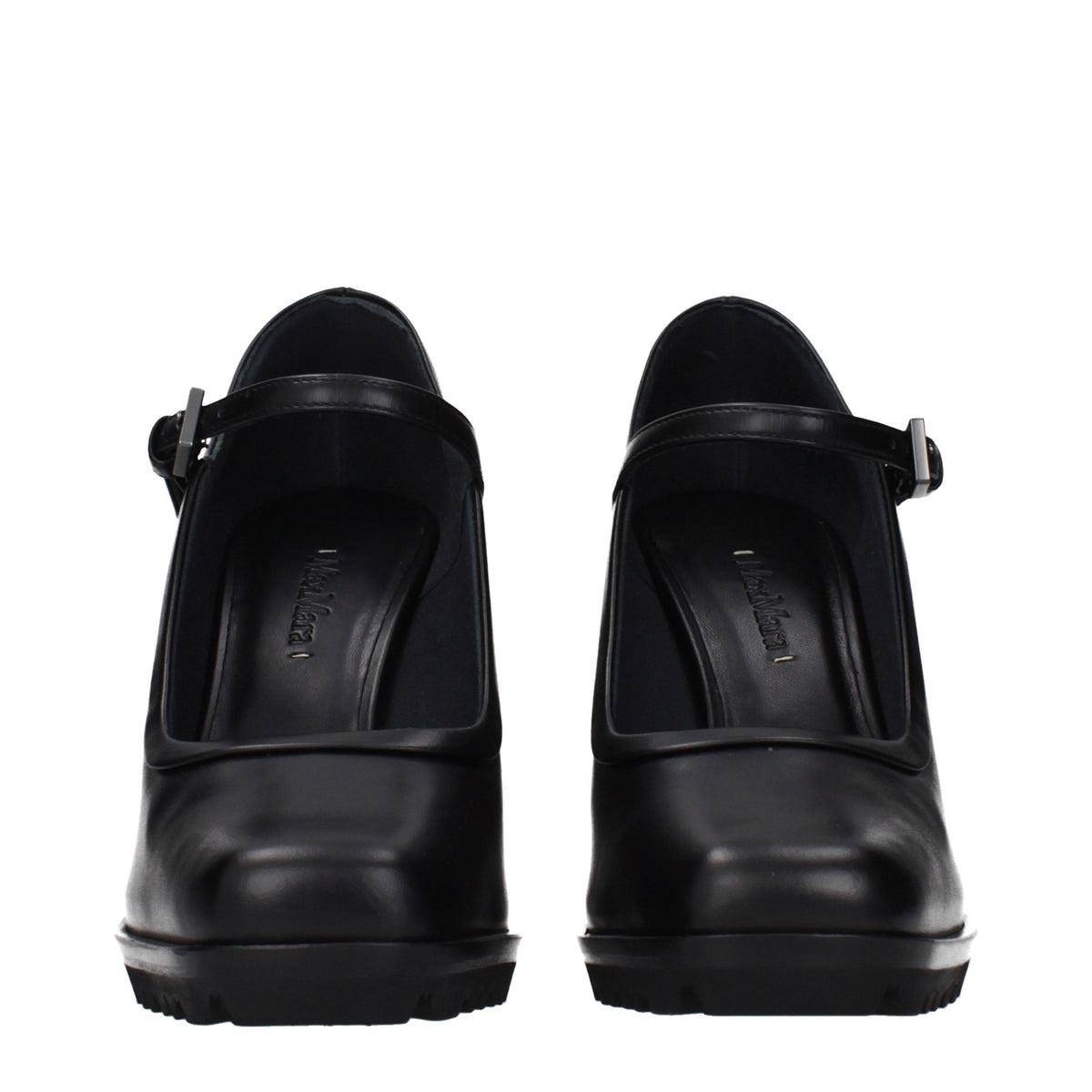 Black leather high heel pumps by Max Mara, featuring pointed toes and sleek design, perfect for elegant occasion wear.