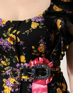 Dolce & Gabbana Black Purple Crystal Brooch Silk Midi Dress - Eljoys Fashion 