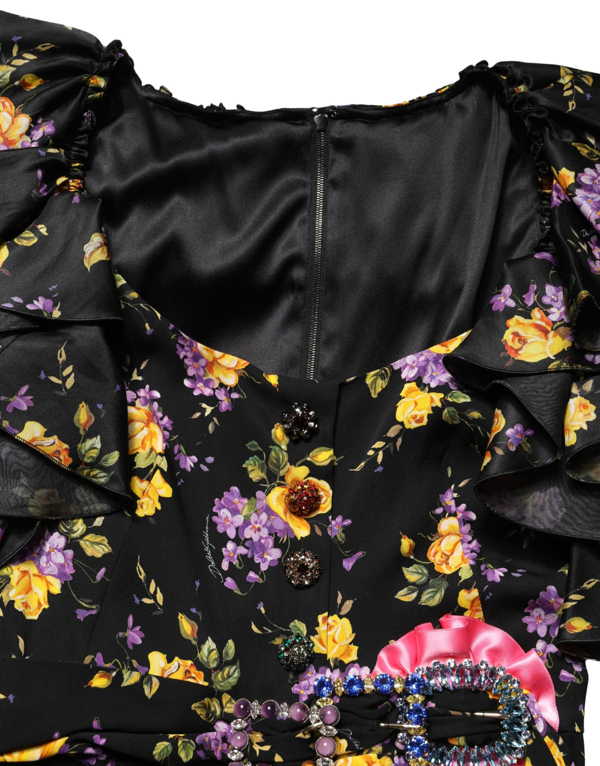 Dolce & Gabbana Black Purple Crystal Brooch Silk Midi Dress - Eljoys Fashion 