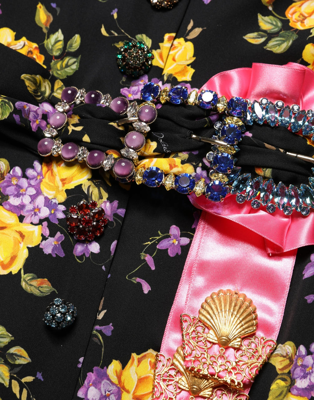Dolce & Gabbana Black Purple Crystal Brooch Silk Midi Dress - Eljoys Fashion 