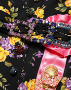 Dolce & Gabbana Black Purple Crystal Brooch Silk Midi Dress - Eljoys Fashion 