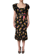 Dolce & Gabbana Black Purple Crystal Brooch Silk Midi Dress - Eljoys Fashion 