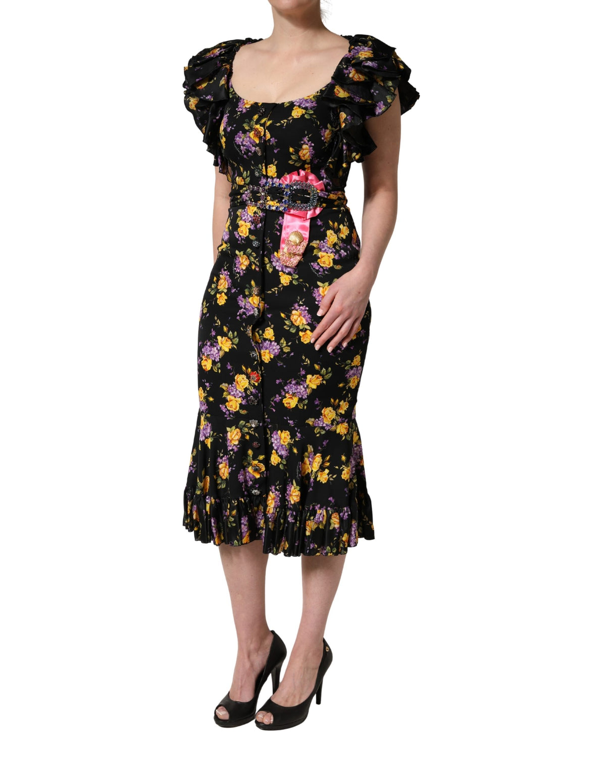 Dolce & Gabbana Black Purple Crystal Brooch Silk Midi Dress - Eljoys Fashion 