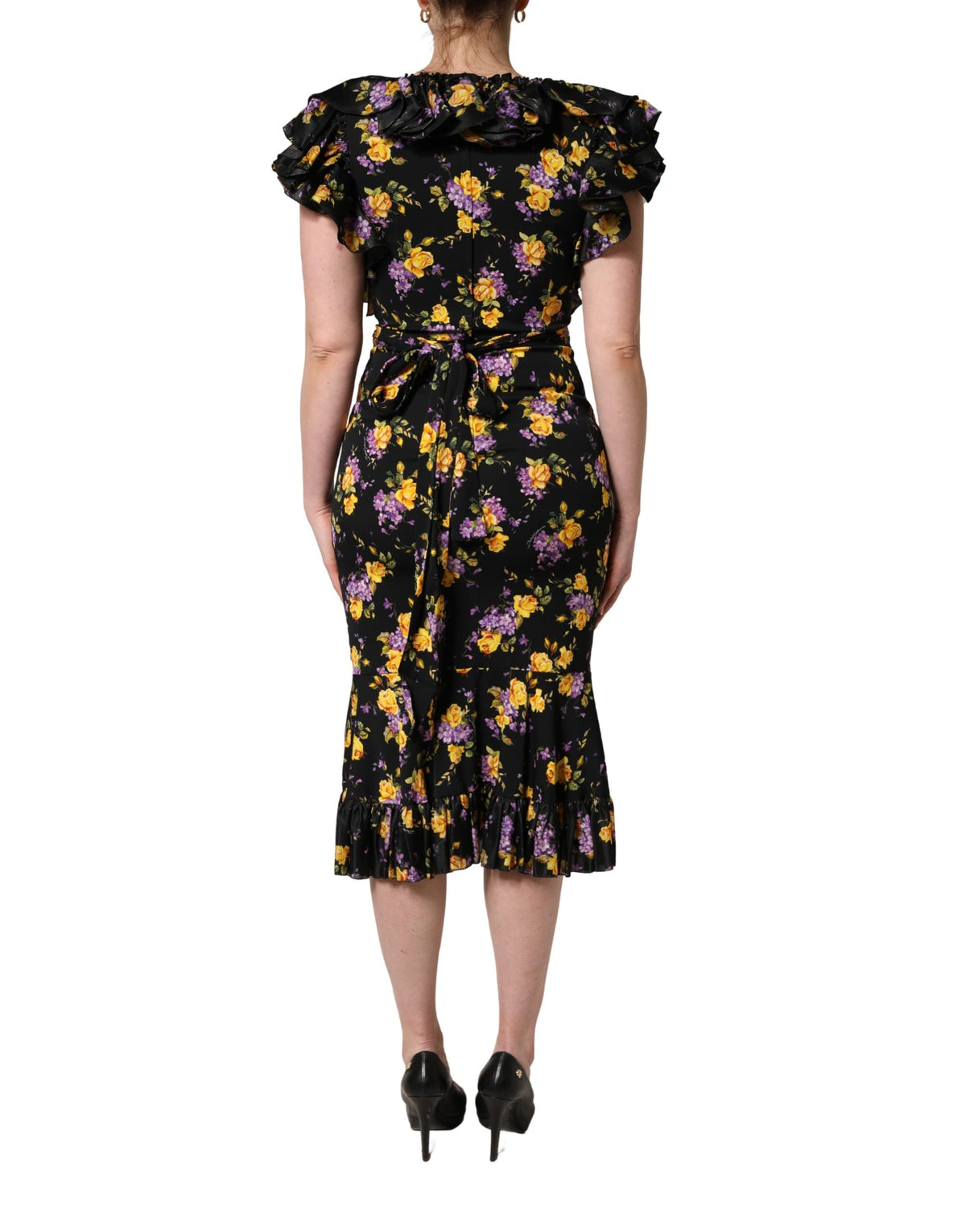 Dolce & Gabbana Black Purple Crystal Brooch Silk Midi Dress - Eljoys Fashion 