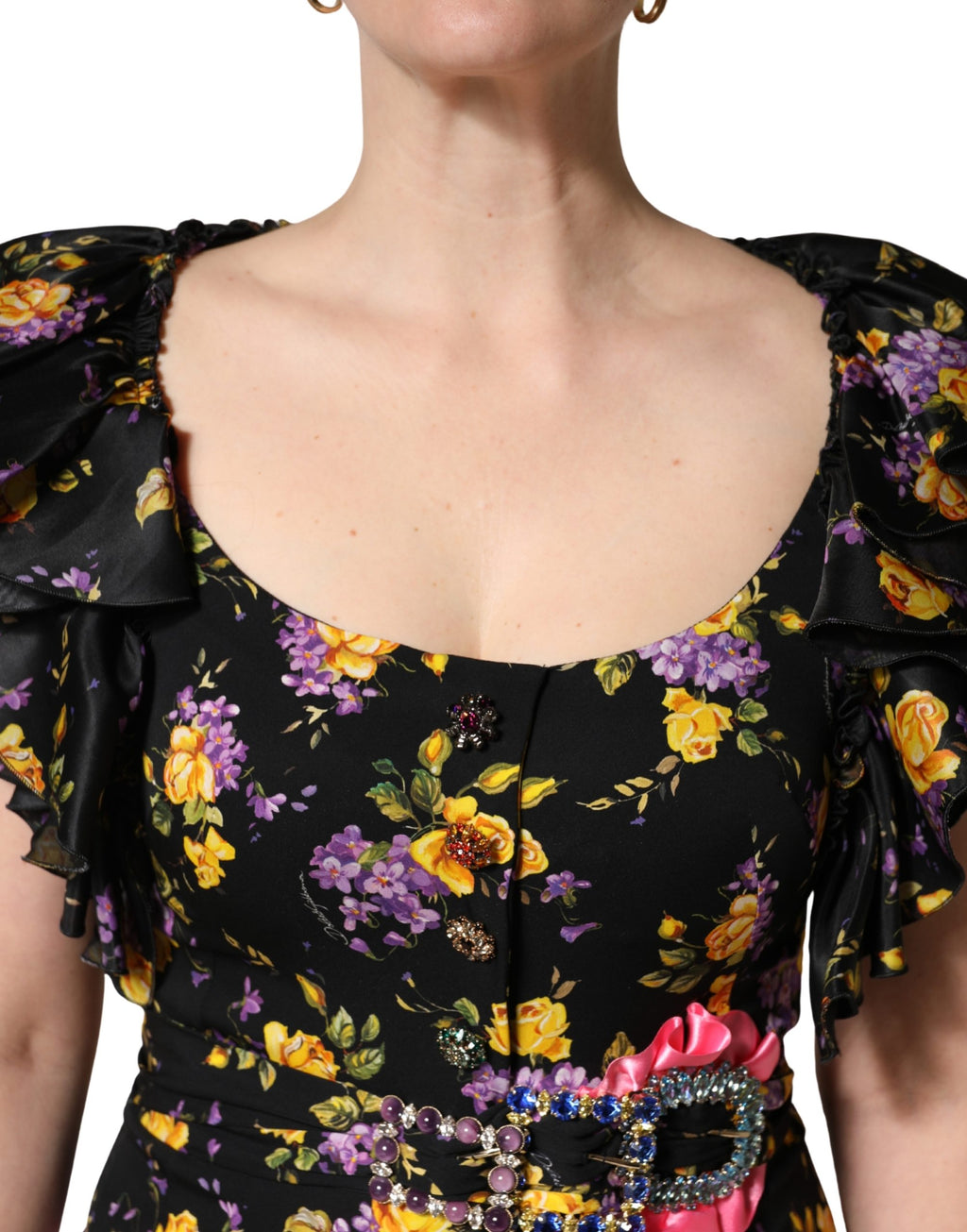 Dolce & Gabbana Black Purple Crystal Brooch Silk Midi Dress - Eljoys Fashion 
