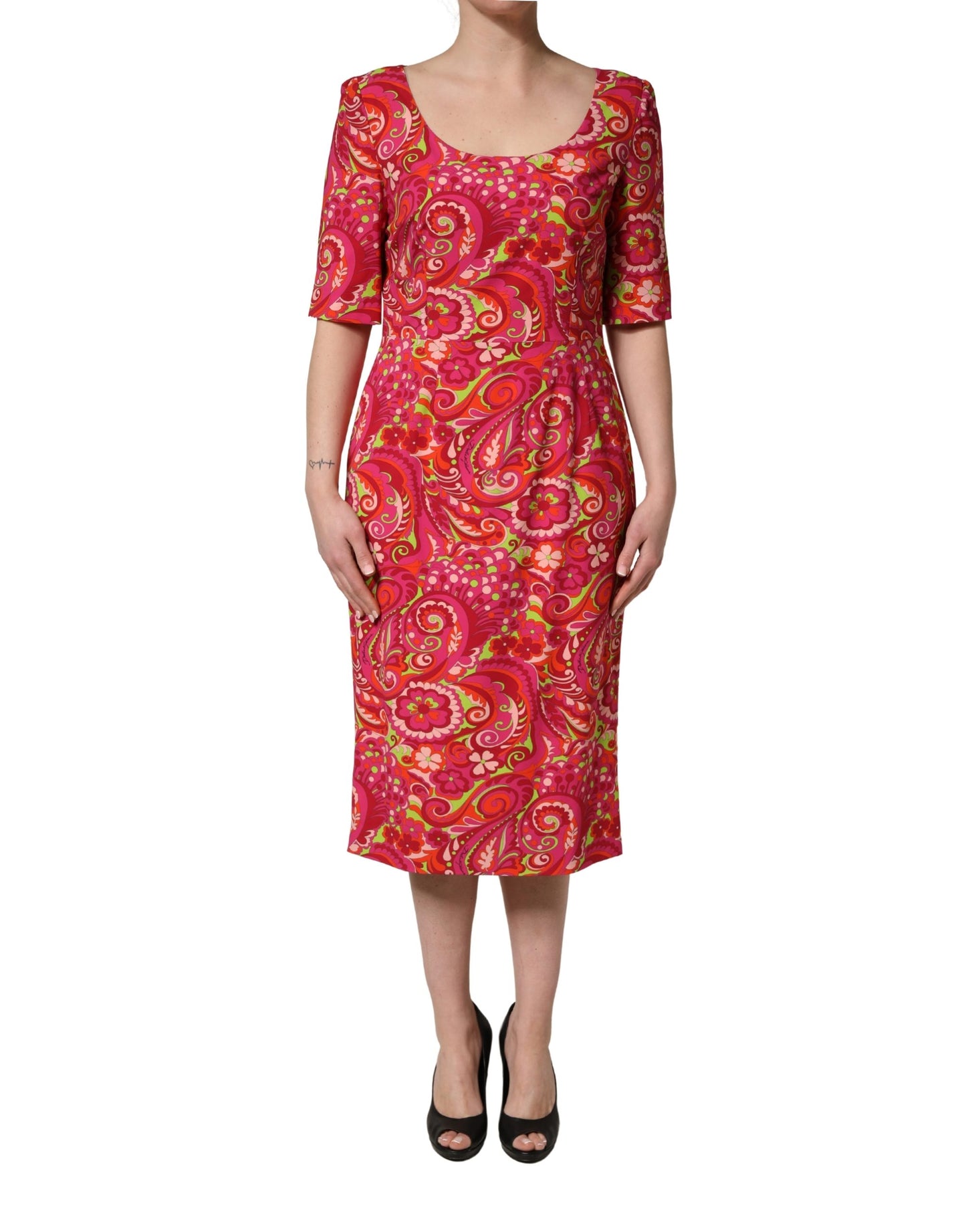 Dolce & Gabbana Red Paisley Floral Print Sheath Midi Dress Dolce & Gabbana