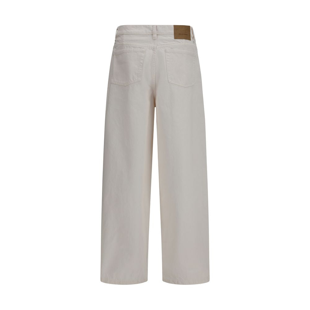 Ami Paris white cotton denim jeans with classic five-pocket design and straight-leg fit, displayed on a hanger.