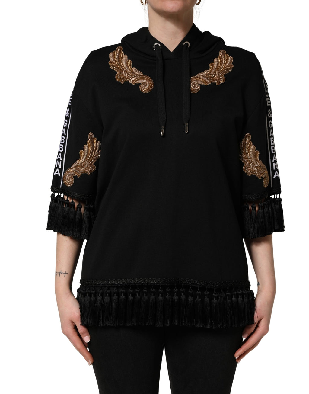Dolce & Gabbana Black Embroidered Tassel Hooded Sweatshirt Sweater - Eljoys Fashion 
