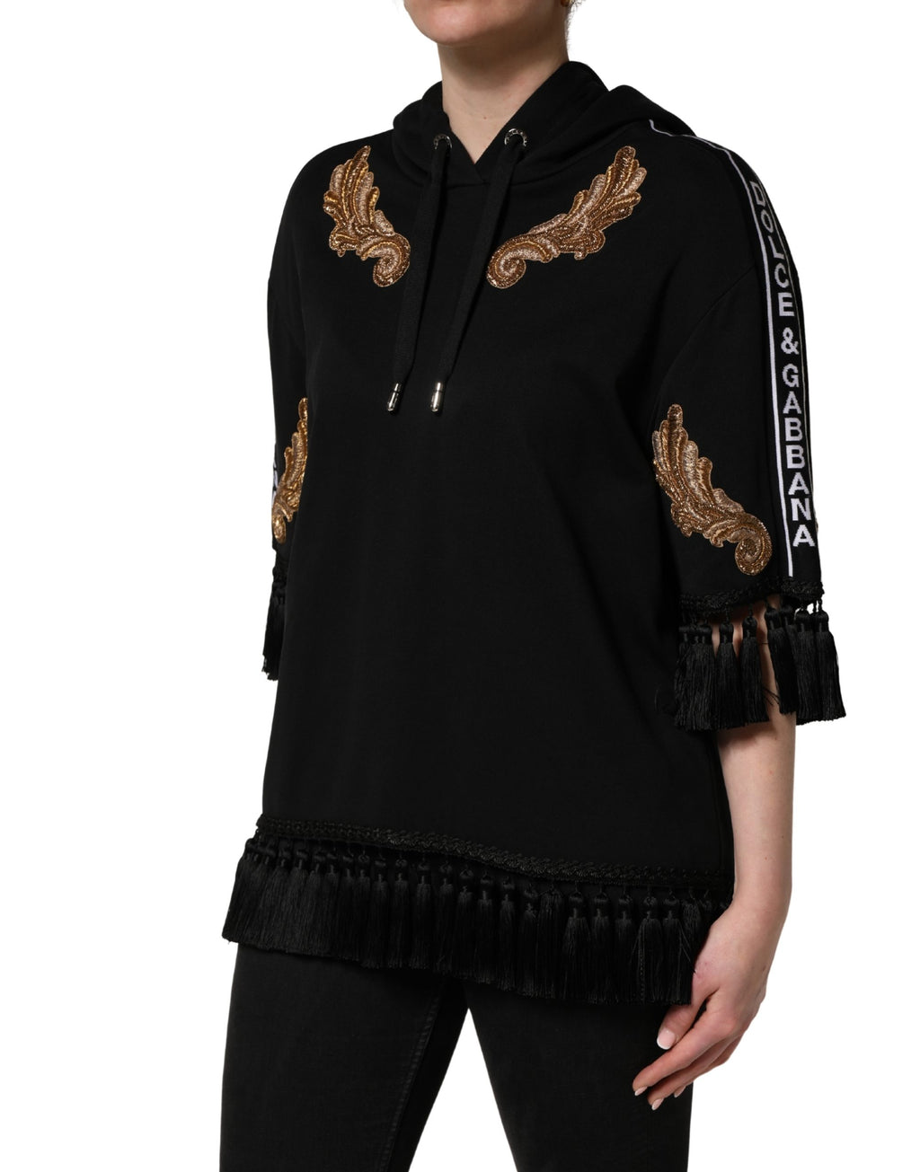 Dolce & Gabbana Black Embroidered Tassel Hooded Sweatshirt Sweater - Eljoys Fashion 