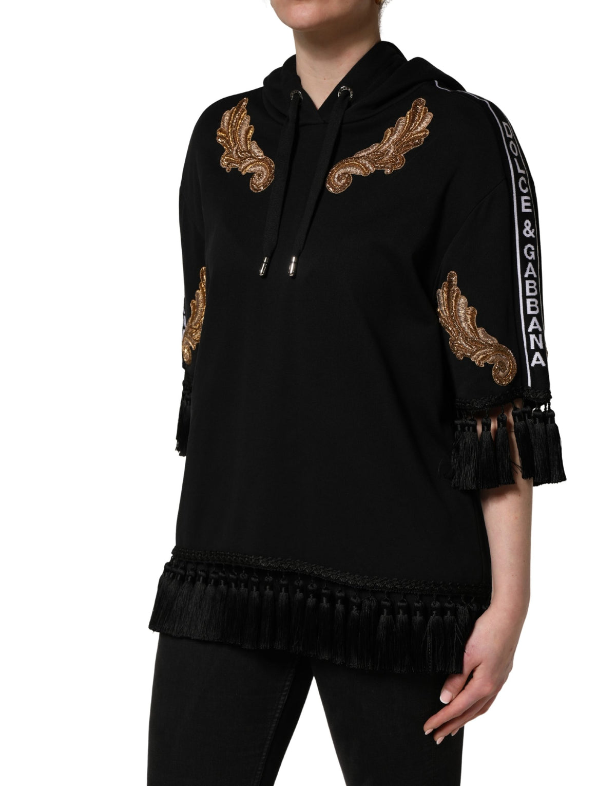 Dolce & Gabbana Black Embroidered Tassel Hooded Sweatshirt Sweater - Eljoys Fashion 