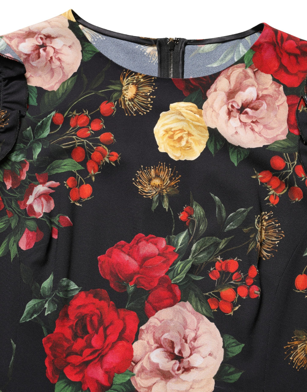 Black floral crepe blouse with frill details by Dolce & Gabbana, featuring a stylish and elegant design.