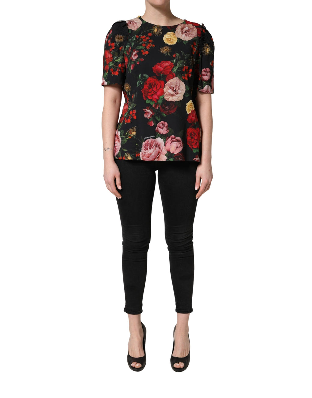 Dolce & Gabbana black floral crepe blouse with frill detail, stylish top featuring a feminine, elegant design.
