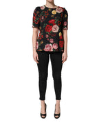 Dolce & Gabbana black floral crepe blouse with frill detail, stylish top featuring a feminine, elegant design.