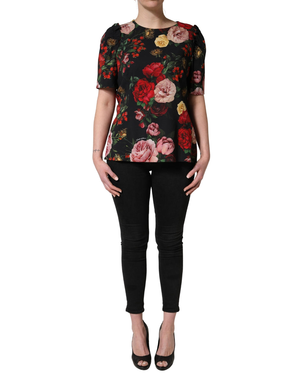 Dolce & Gabbana black floral crepe blouse with frill detail and long sleeves, elegant and stylish top for women.