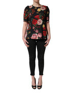 Dolce & Gabbana black floral crepe blouse with frill detail and long sleeves, elegant and stylish top for women.