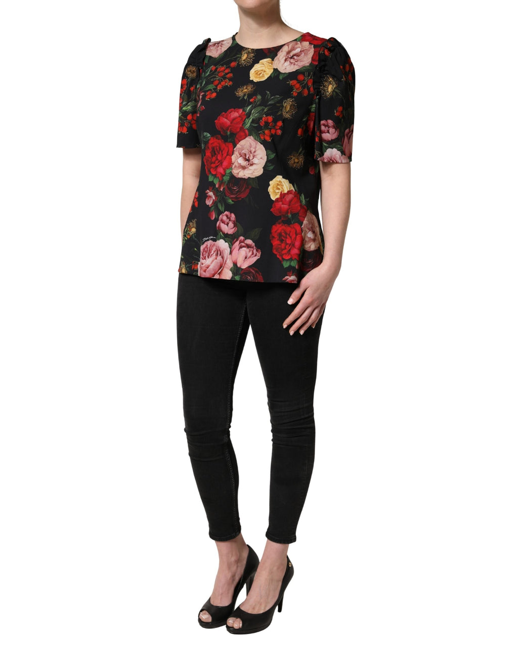Dolce & Gabbana black floral crepe blouse with frill detail, stylish long-sleeve top for elegant fashion looks.