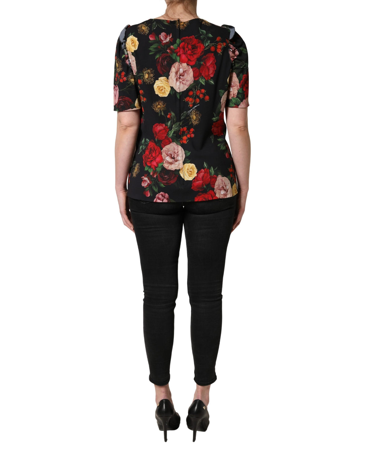 Dolce & Gabbana black floral crepe blouse with frill details, long sleeves, and elegant design.