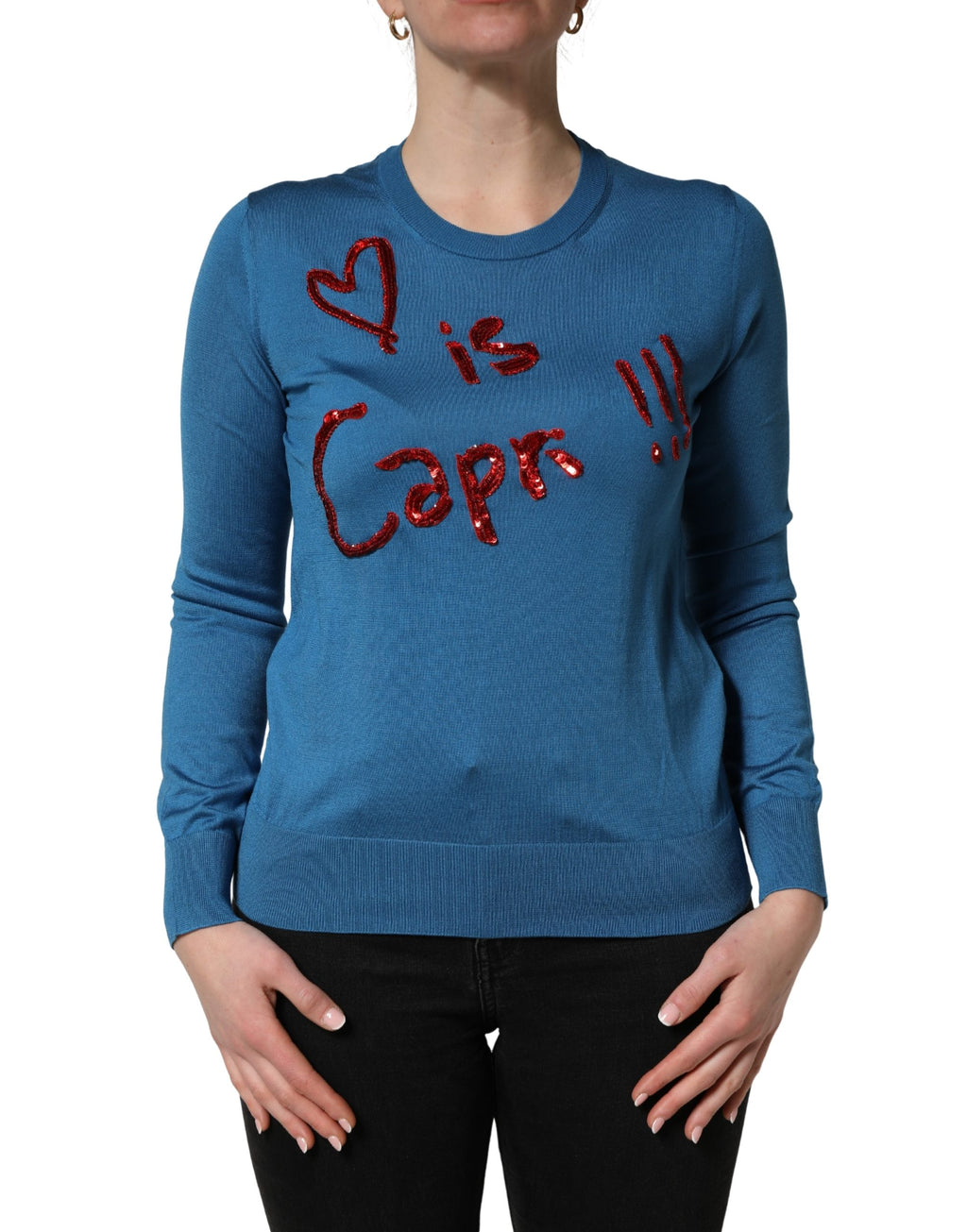 Dolce & Gabbana Blue Silk Sequined CrewNeck Pullover Sweater - Eljoys Fashion 