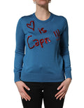 Dolce & Gabbana Blue Silk Sequined CrewNeck Pullover Sweater - Eljoys Fashion 