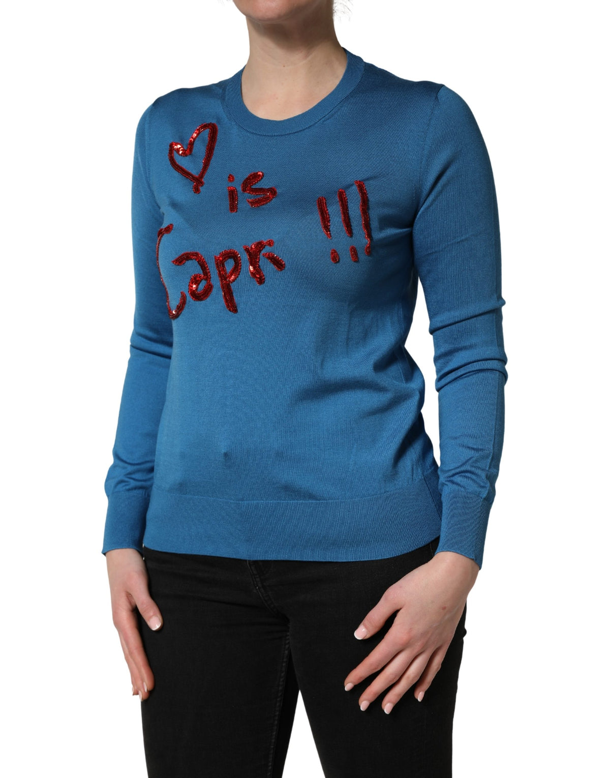 Dolce & Gabbana Blue Silk Sequined CrewNeck Pullover Sweater - Eljoys Fashion 