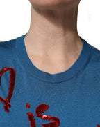 Dolce & Gabbana Blue Silk Sequined CrewNeck Pullover Sweater - Eljoys Fashion 