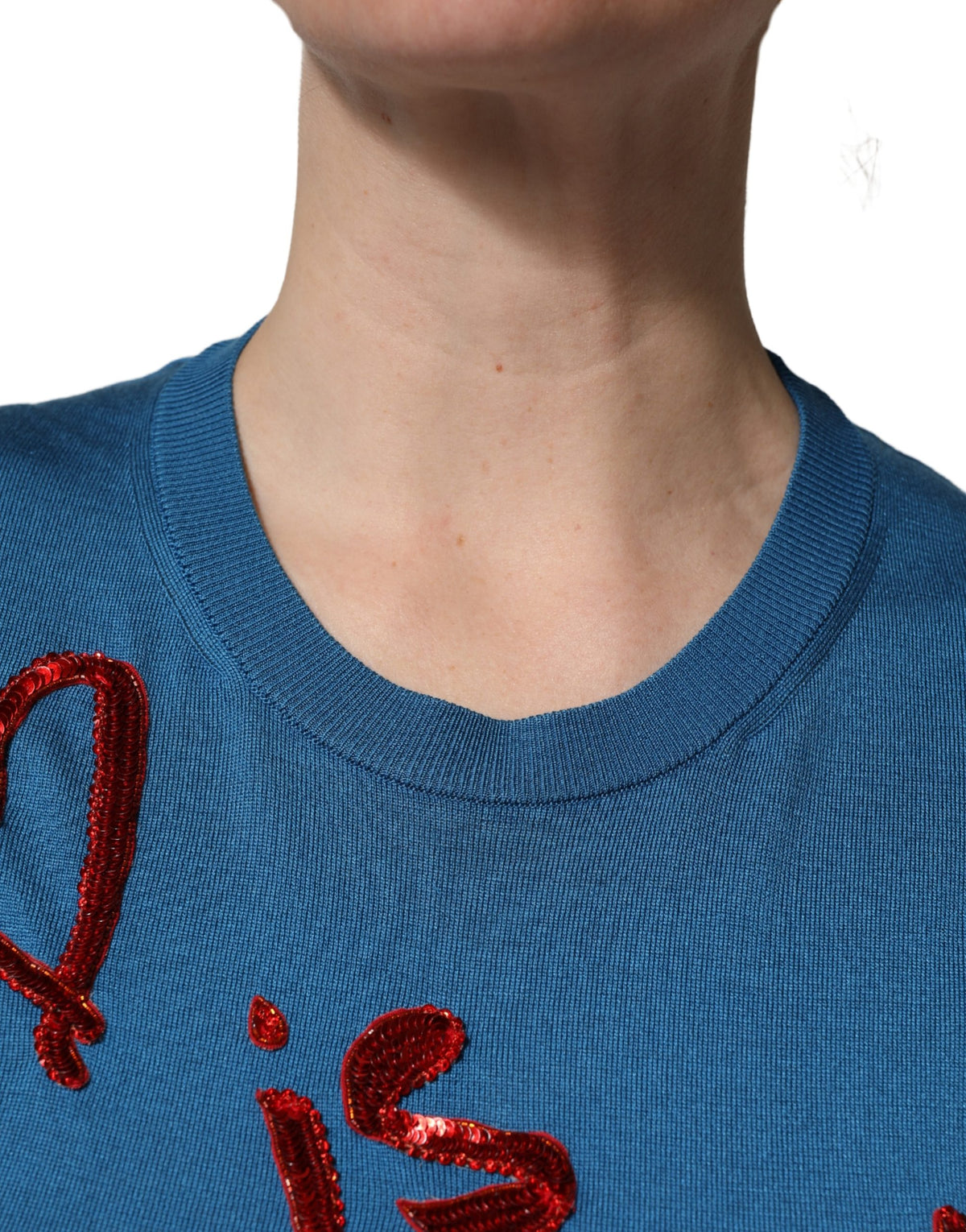 Dolce & Gabbana Blue Silk Sequined CrewNeck Pullover Sweater - Eljoys Fashion 
