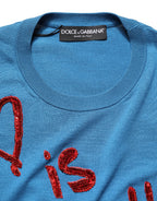 Dolce & Gabbana Blue Silk Sequined CrewNeck Pullover Sweater - Eljoys Fashion 