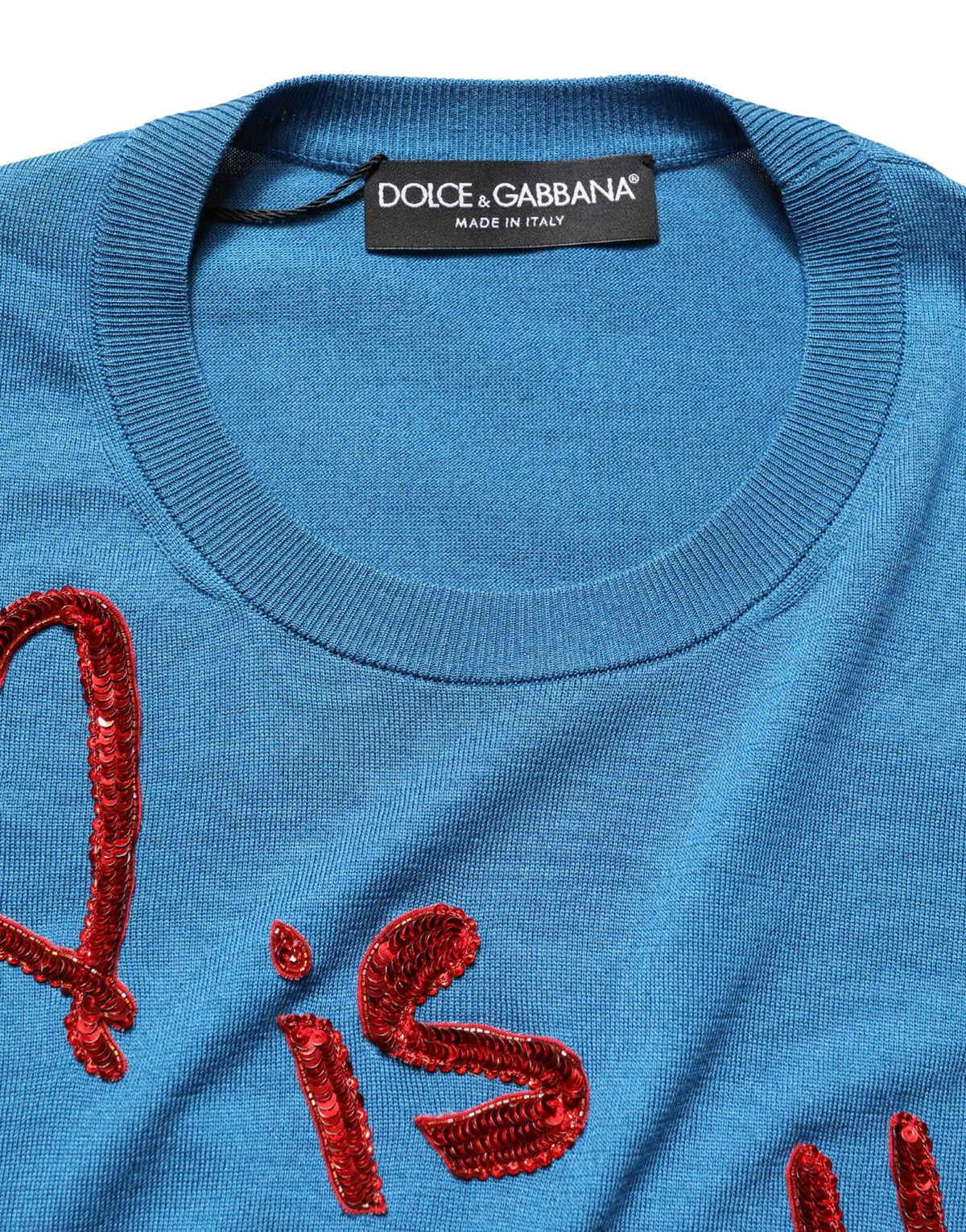 Dolce & Gabbana Blue Silk Sequined CrewNeck Pullover Sweater - Eljoys Fashion 