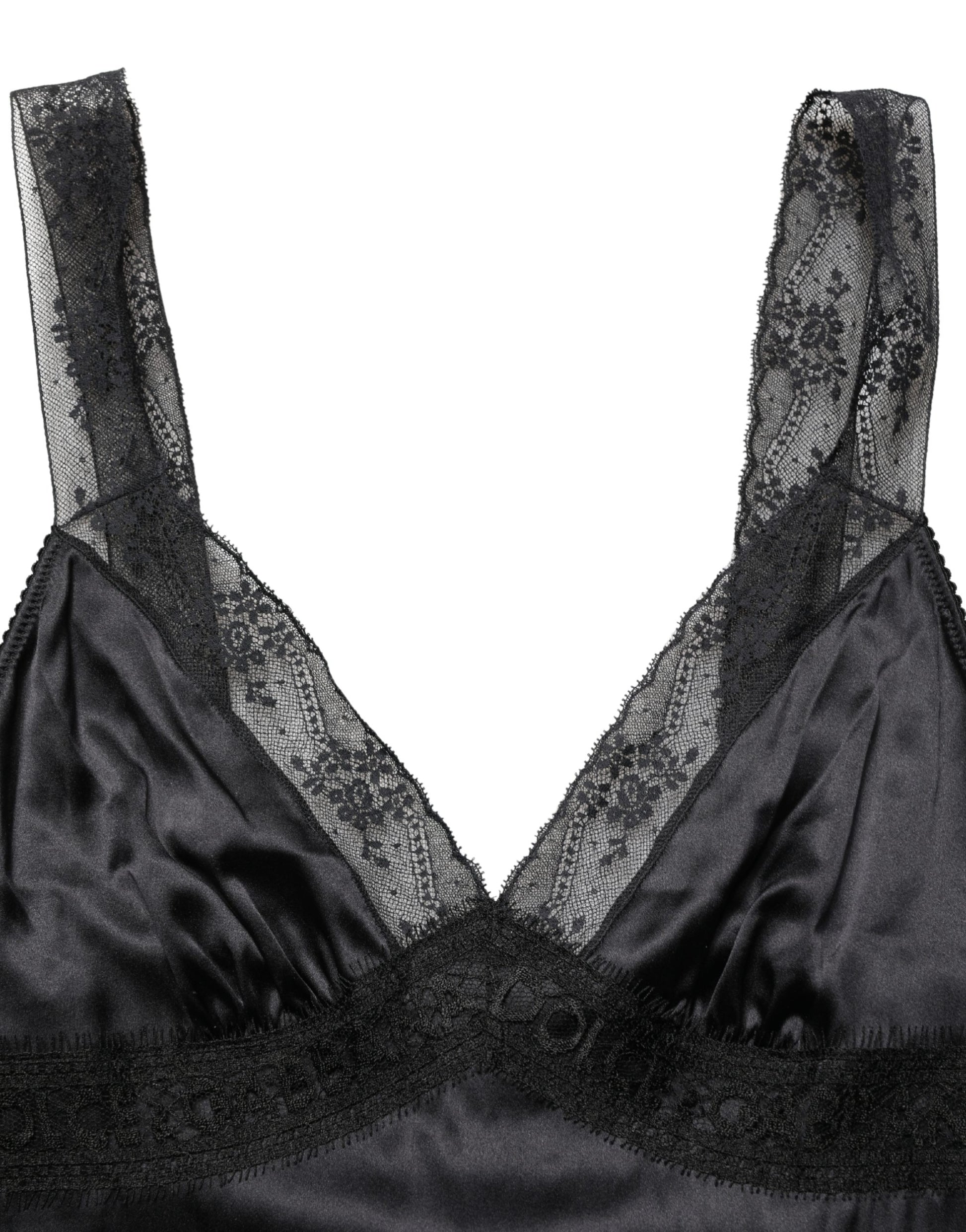 Dolce & Gabbana Black Silk Lace Trim Camisole V-neckline Tank Top