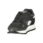 Reebok black polyester women's sneaker with breathable material and sporty design, shown from a side angle.