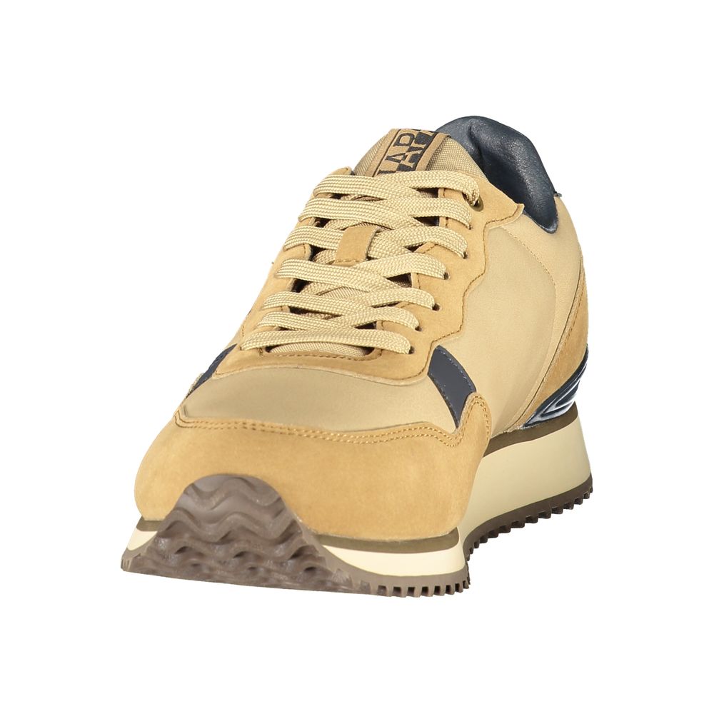 Brown Napapijri men's fabric sneaker with white sole and laces, showcasing a casual athletic shoe style.