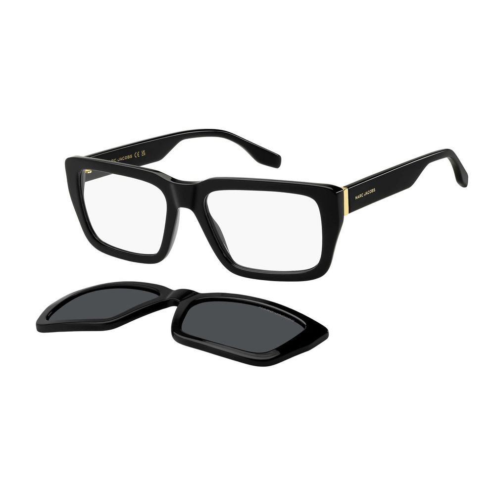 Black Marc Jacobs acetate eyeglass frames with clear lenses, stylish and modern for everyday wear.