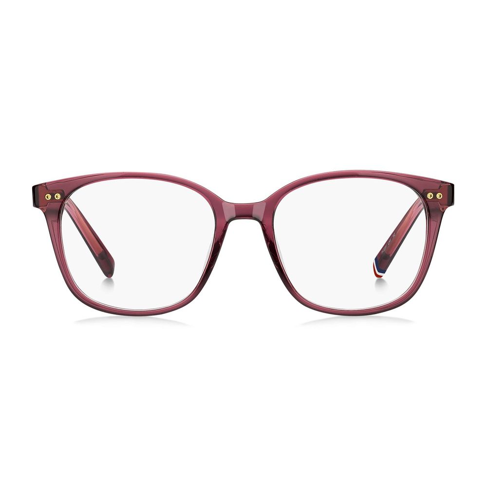 Pink acetate eyeglass frames by Tommy Hilfiger with clear lenses and a stylish, modern design.