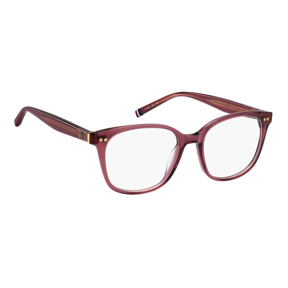 Pink acetate eyeglass frames by Tommy Hilfiger with rounded lenses and subtle logo accents, stylish and lightweight.