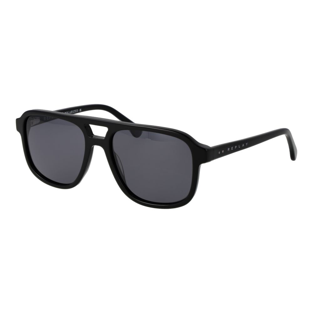 Replay black acetate sunglasses with rounded frames and dark lenses, stylish eyewear for casual and outdoor wear.